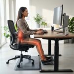 Office worker sitting at an ergonomic desk with lumbar support and monitor at eye level; lower back and right leg highlighted to indicate sciatic nerve pain.