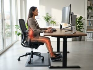 Office worker sitting at an ergonomic desk with lumbar support and monitor at eye level; lower back and right leg highlighted to indicate sciatic nerve pain.