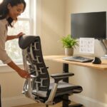 Person adjusting an ergonomic office chair with visible lumbar support in a modern home office setup with dual monitors and ergonomic accessories