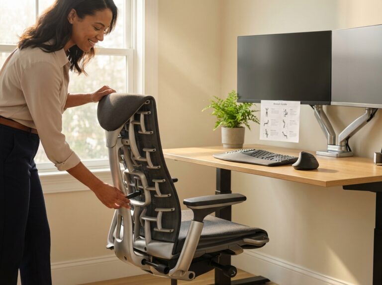 Person adjusting an ergonomic office chair with visible lumbar support in a modern home office setup with dual monitors and ergonomic accessories