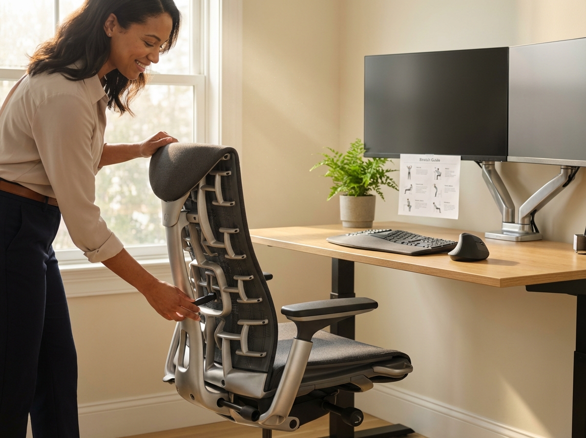 Person adjusting an ergonomic office chair with visible lumbar support in a modern home office setup with dual monitors and ergonomic accessories