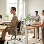 Office and home workstation showing ergonomic desk setup with monitor at eye level phone mount and a worker performing a chin tuck stretch