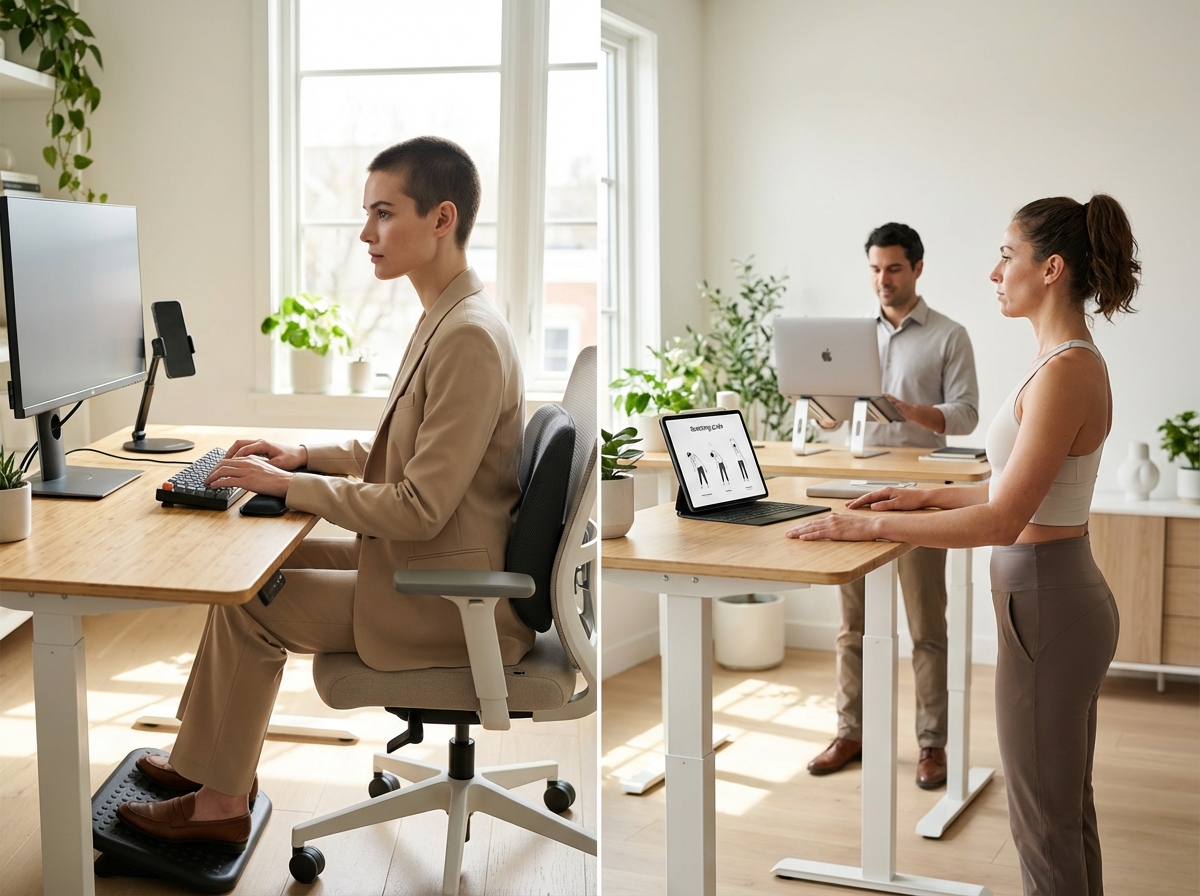 Office and home workstation showing ergonomic desk setup with monitor at eye level phone mount and a worker performing a chin tuck stretch