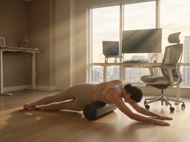 Office worker at an ergonomic desk wearing a slim posture corrector, adjusting monitor height with keyboard and chair visible, performing a thoracic stretch in a bright home office.