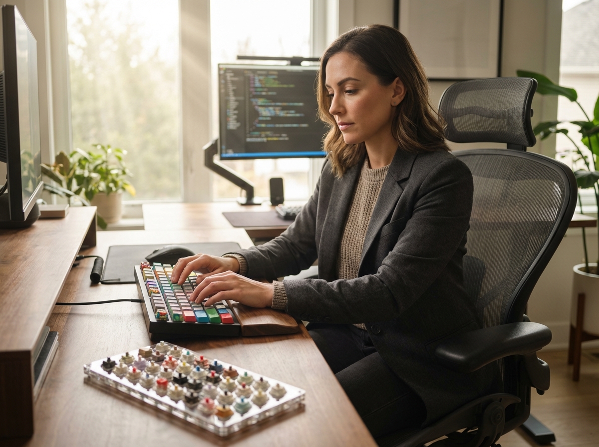 Ergonomic desk with split mechanical keyboard colorful keycaps switch samples wrist rest monitor and office chair in natural light
