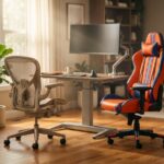 Home office with a gaming chair and an ergonomic office chair side by side, monitor on an adjustable arm, keyboard and mouse, and a sit-stand desk in natural light.