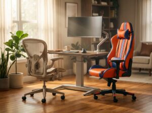 Home office with a gaming chair and an ergonomic office chair side by side, monitor on an adjustable arm, keyboard and mouse, and a sit-stand desk in natural light.