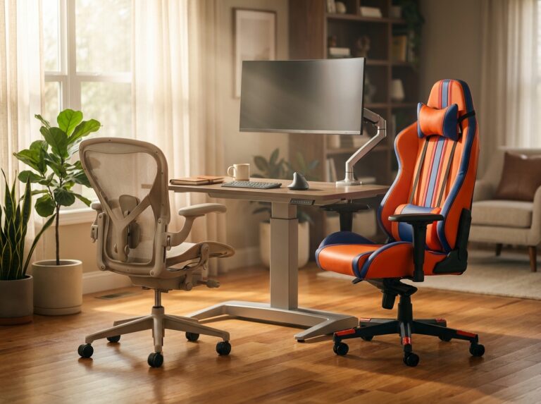 Home office with a gaming chair and an ergonomic office chair side by side, monitor on an adjustable arm, keyboard and mouse, and a sit-stand desk in natural light.