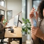 Office worker at ergonomic desk with external keyboard and vertical mouse and closeup of wrist pain showing median nerve and inflamed tendons