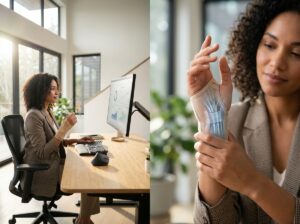 Office worker at ergonomic desk with external keyboard and vertical mouse and closeup of wrist pain showing median nerve and inflamed tendons