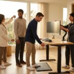 Diverse remote workers measuring and adjusting an adjustable standing desk with ergonomic keyboard, monitor arm and anti-fatigue mat in a bright home office.