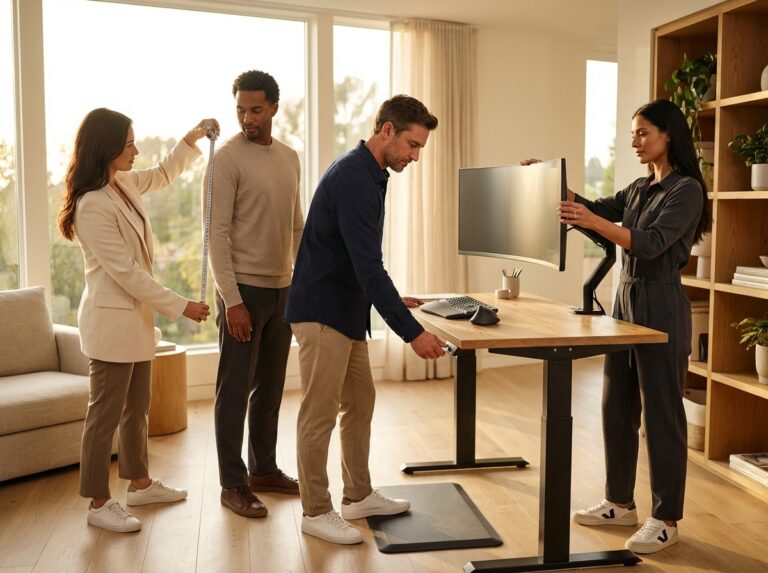 Diverse remote workers measuring and adjusting an adjustable standing desk with ergonomic keyboard, monitor arm and anti-fatigue mat in a bright home office.