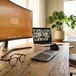 Ergonomic home office with blue light glasses on the desk, a monitor displaying a warm-toned screen and night mode slider, and an open laptop with a remote team call