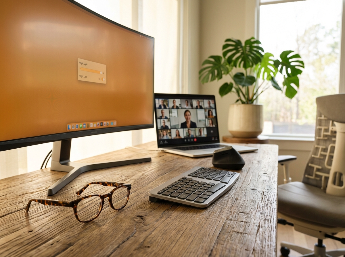 Ergonomic home office with blue light glasses on the desk, a monitor displaying a warm-toned screen and night mode slider, and an open laptop with a remote team call