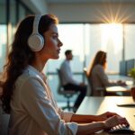 Worker at an ergonomic sit-stand desk in an open-plan office wearing over-ear noise cancelling headphones focused on dual monitors while coworkers work in the background