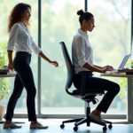 Two office workers doing desk stretches at ergonomic workstations, one seated spinal twist and one standing hip flexor stretch