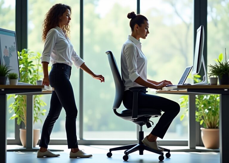 Two office workers doing desk stretches at ergonomic workstations, one seated spinal twist and one standing hip flexor stretch