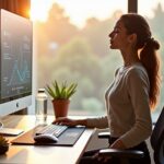 Person at an ergonomic desk doing a seated thoracic extension stretch with monitor, keyboard, and plant visible in a bright home office