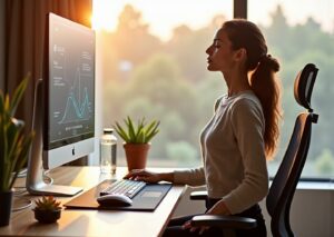 Person at an ergonomic desk doing a seated thoracic extension stretch with monitor, keyboard, and plant visible in a bright home office