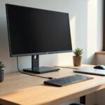 Minimalist ergonomic home office desk with neatly routed and bundled cables hidden under the desk, monitor arm, laptop and docking station, visible cable tray and clips, natural light