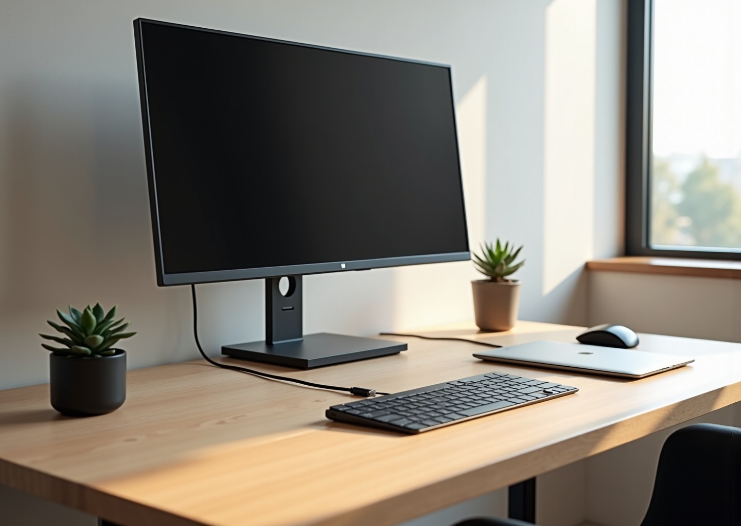 Minimalist ergonomic home office desk with neatly routed and bundled cables hidden under the desk, monitor arm, laptop and docking station, visible cable tray and clips, natural light
