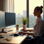 Modern ergonomic home office with dual monitors on left and a curved ultrawide on right, ergonomic chair and person stretching