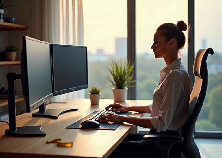 Modern ergonomic home office with dual monitors on left and a curved ultrawide on right, ergonomic chair and person stretching