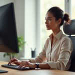 Office worker adjusting an adjustable monitor arm in a bright home office, showing correct monitor height and neutral posture with external keyboard and mouse
