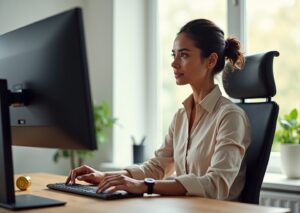 Office worker adjusting an adjustable monitor arm in a bright home office, showing correct monitor height and neutral posture with external keyboard and mouse