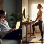 Split image of an office worker showing poor slouched posture with anterior pelvic tilt on the left and corrected ergonomic seated posture plus hip flexor stretch on the right in a home office setup.