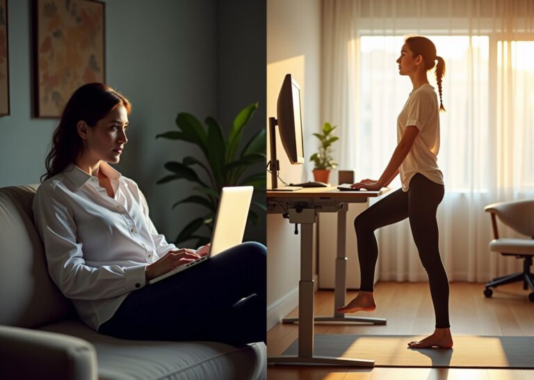 Split image of an office worker showing poor slouched posture with anterior pelvic tilt on the left and corrected ergonomic seated posture plus hip flexor stretch on the right in a home office setup.