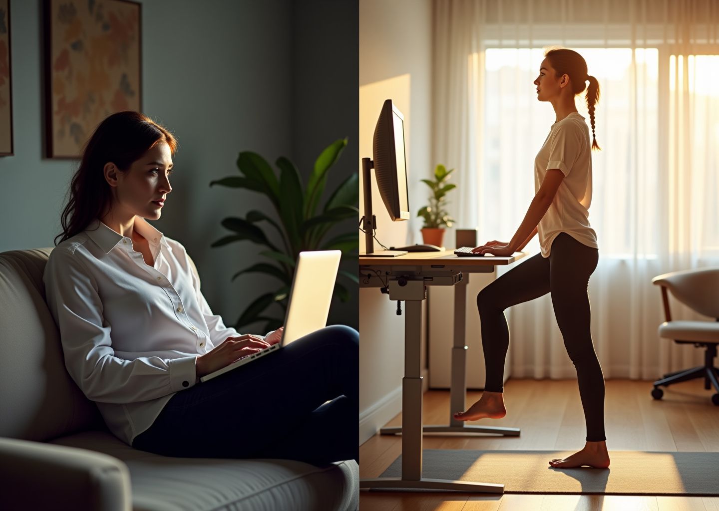 Split image of an office worker showing poor slouched posture with anterior pelvic tilt on the left and corrected ergonomic seated posture plus hip flexor stretch on the right in a home office setup.