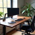 Bright modern home office showing an IKEA-hacked sit-stand desk with monitor arm, ALEX drawers, ergonomic chair, cable management and anti-fatigue mat