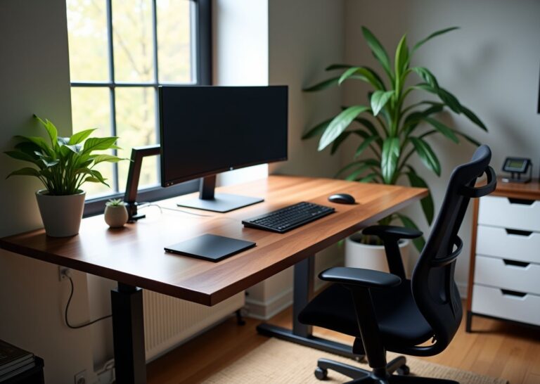 Bright modern home office showing an IKEA-hacked sit-stand desk with monitor arm, ALEX drawers, ergonomic chair, cable management and anti-fatigue mat