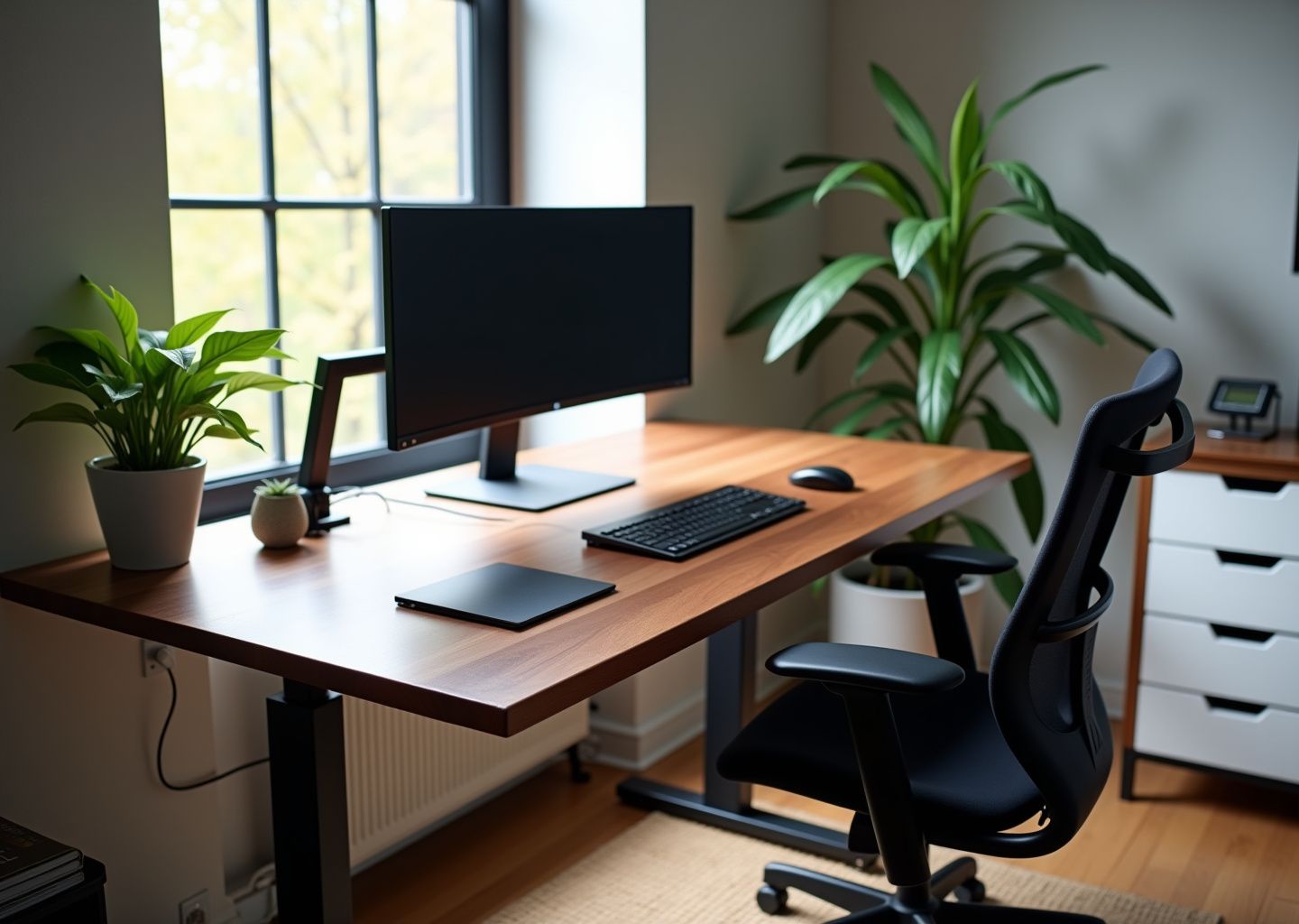 Bright modern home office showing an IKEA-hacked sit-stand desk with monitor arm, ALEX drawers, ergonomic chair, cable management and anti-fatigue mat