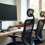 Side by side Herman Miller Aeron and Steelcase Leap in a bright home office with monitor keyboard and ergonomic accessories