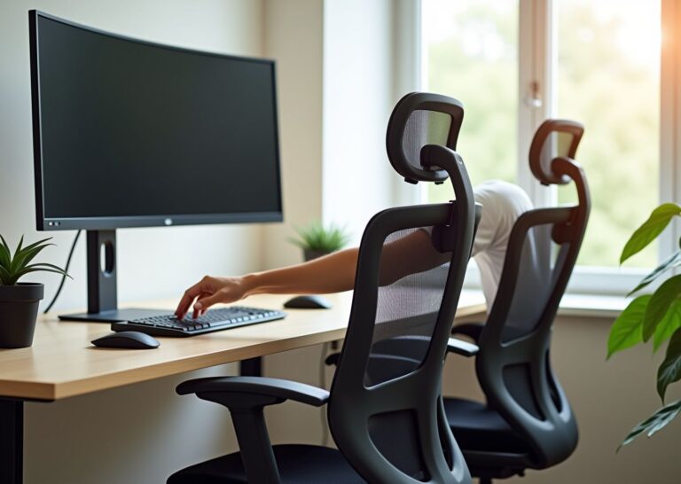 Side by side Herman Miller Aeron and Steelcase Leap in a bright home office with monitor keyboard and ergonomic accessories